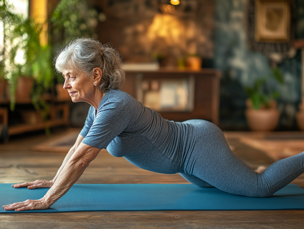 Старші люди займаються йогою на природі